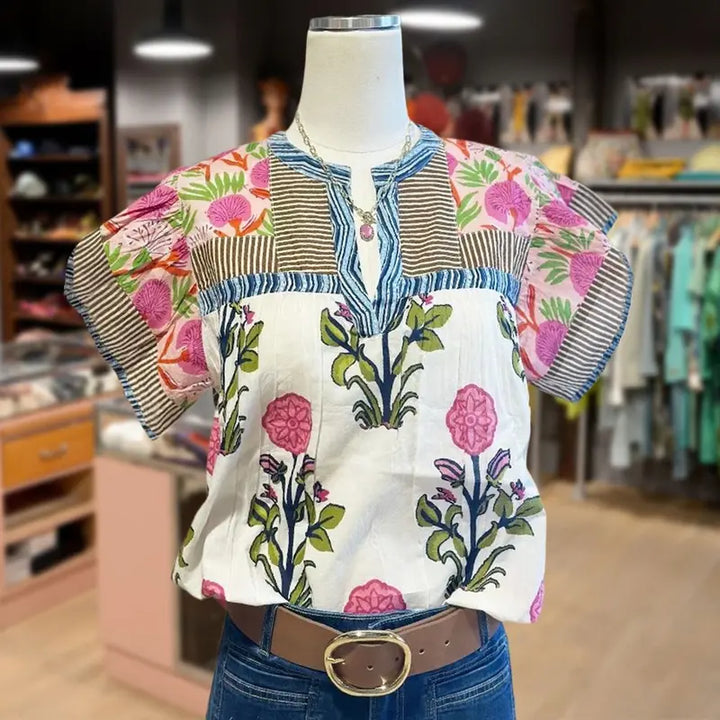 Elouisa | Damen weiches Vintage-Oberteil mit Blumenmuster-Mix