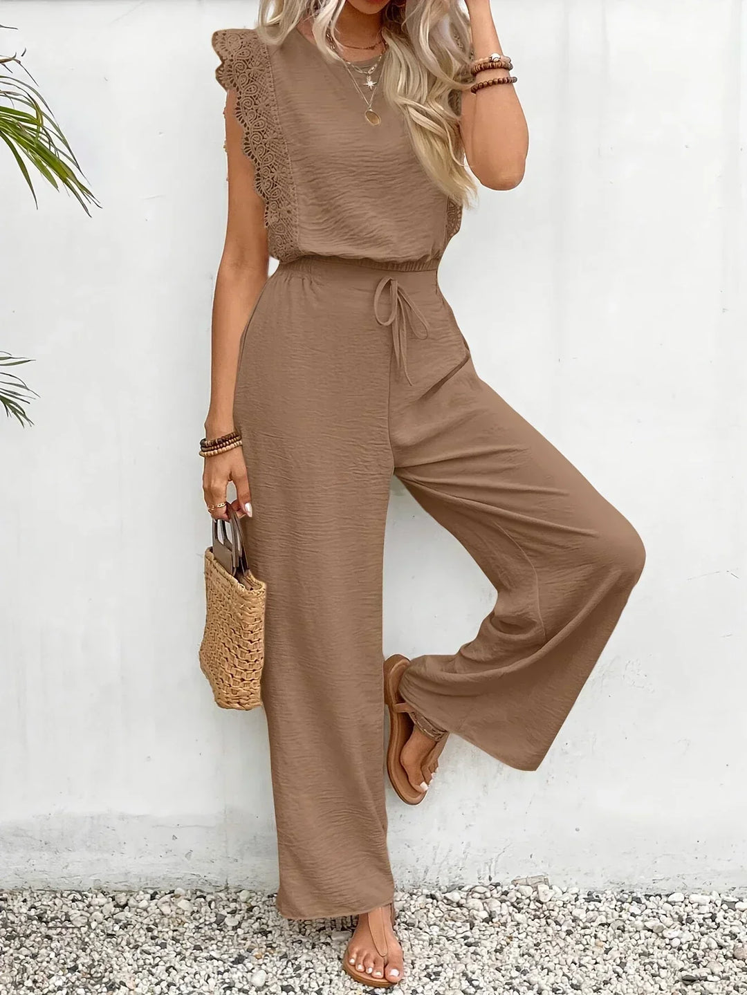 Zella™ Elegantes zweiteiliges Set | Spitzenbesetztes Top und Hose mit weitem Bein