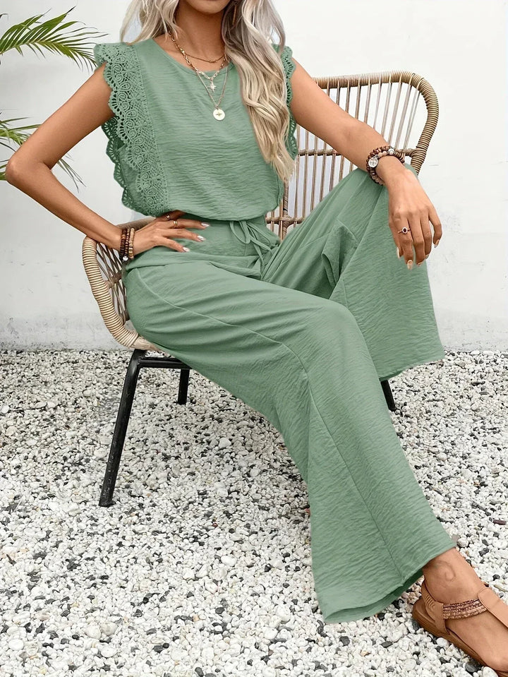 Zella™ Elegantes zweiteiliges Set | Spitzenbesetztes Top und Hose mit weitem Bein