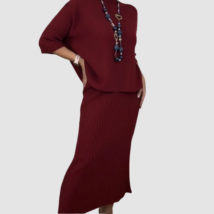 Delyssa™ Elegantes 2-teiliges Set | Locker sitzendes Oberteil und gerippter Midi-Rock