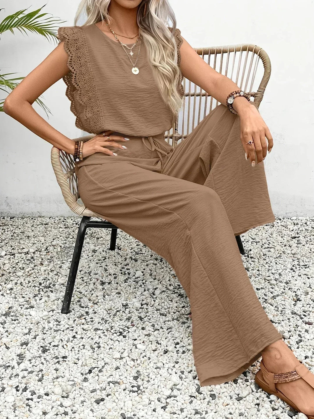 Zella™ Elegantes zweiteiliges Set | Spitzenbesetztes Top und Hose mit weitem Bein