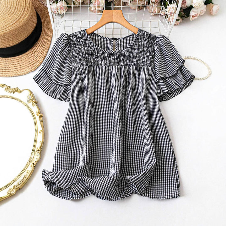 Kristel Vintage Fließende Karierte Puffärmel-Bluse | Zeitloses Retro-Oberteil