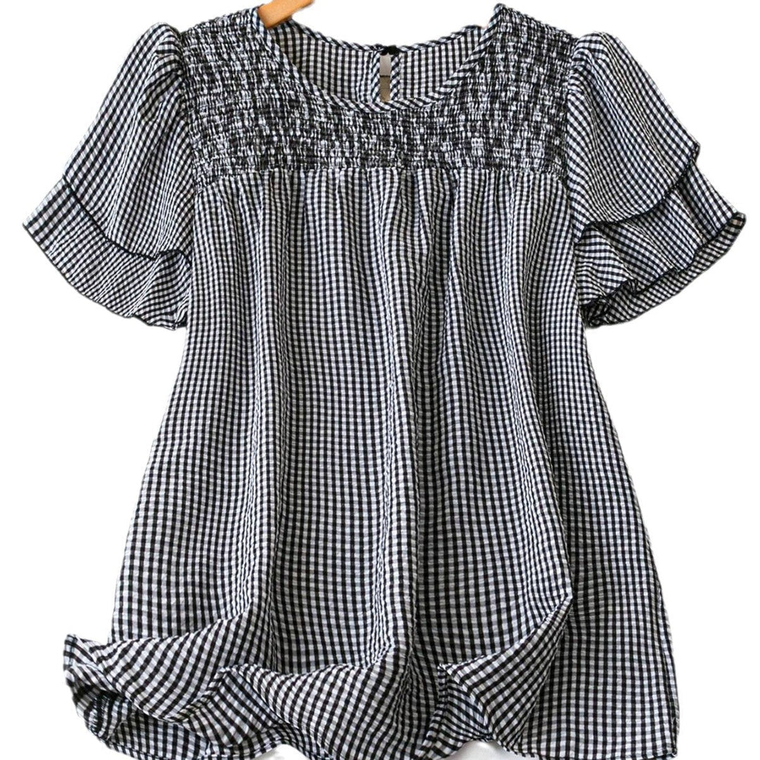 Kristel Vintage Fließende Karierte Puffärmel-Bluse | Zeitloses Retro-Oberteil