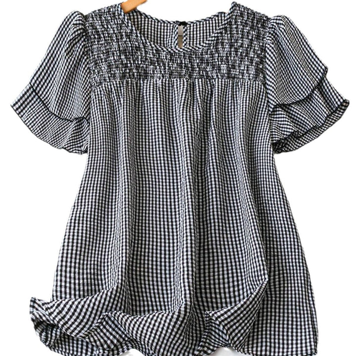 Kristel Vintage Fließende Karierte Puffärmel-Bluse | Zeitloses Retro-Oberteil