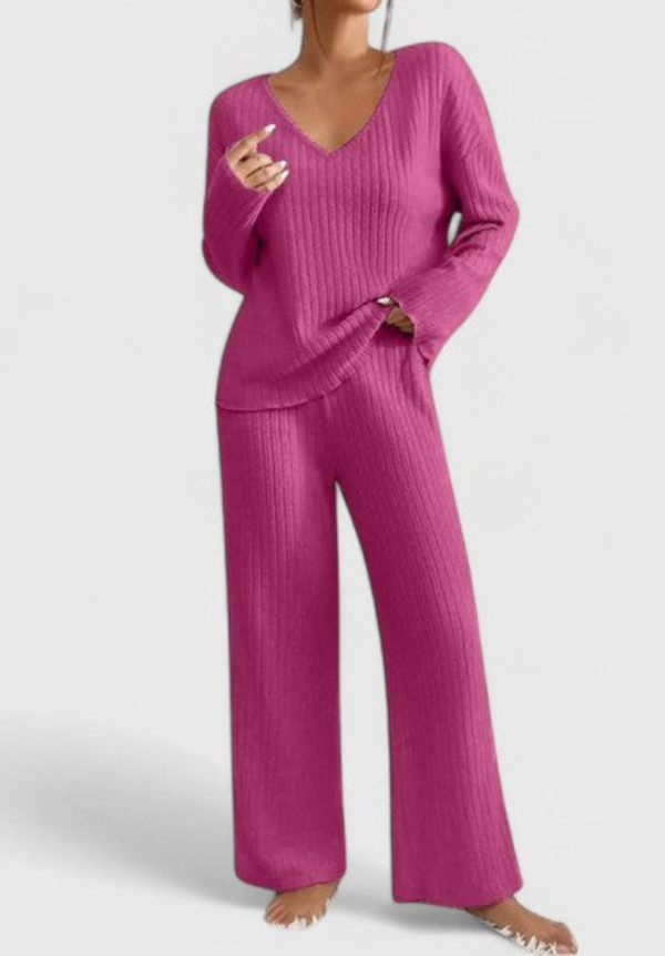 Angeline™ Komfortables Set | V-Ausschnitt-Pullover und weite Ripphose