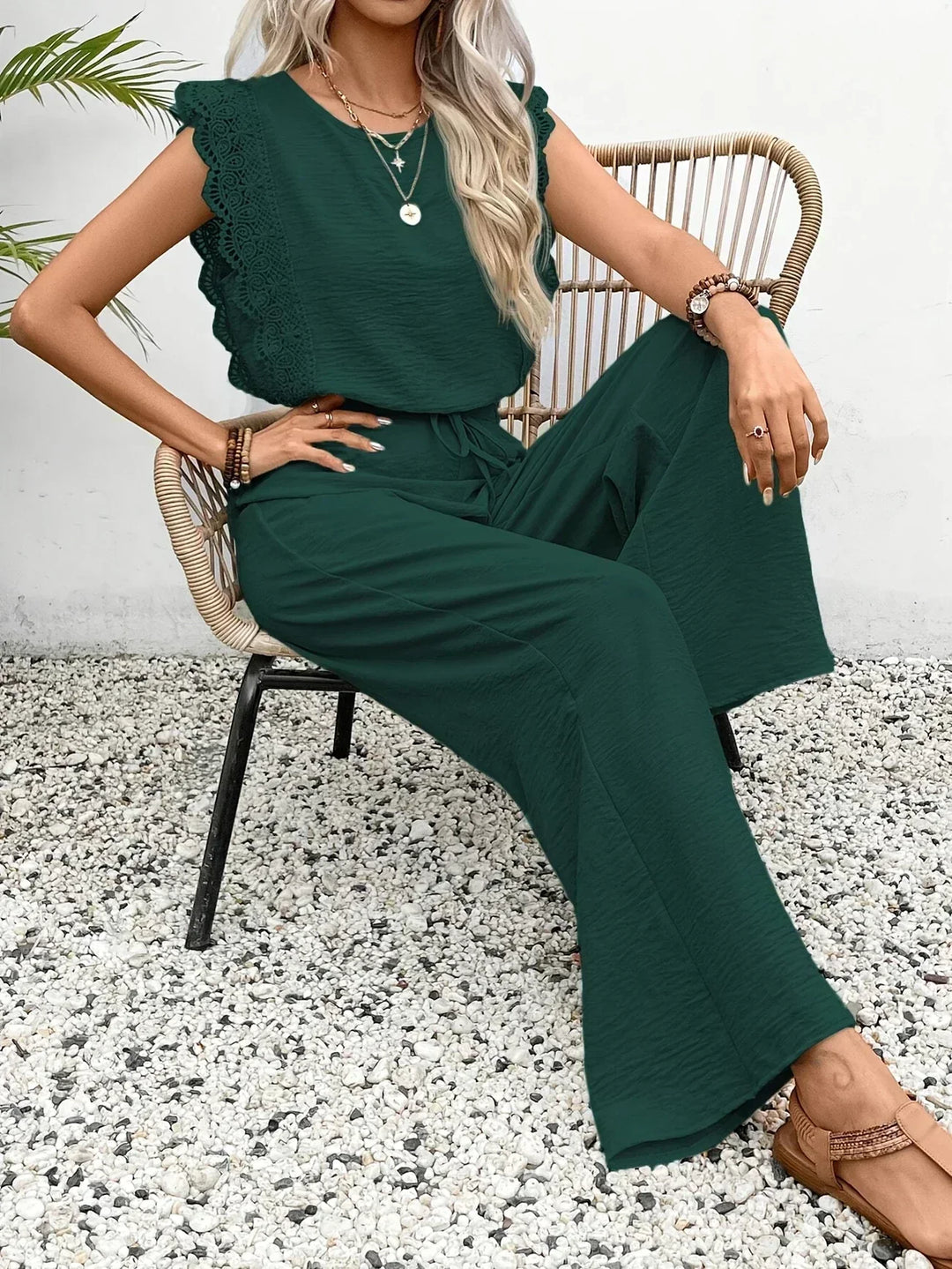 Zella™ Elegantes zweiteiliges Set | Spitzenbesetztes Top und Hose mit weitem Bein