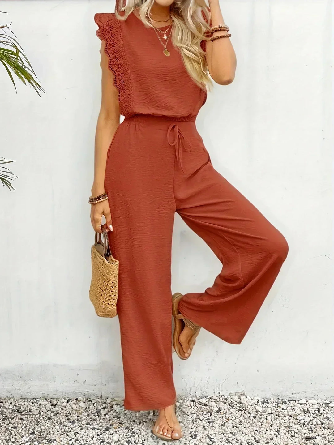 Zella™ Elegantes zweiteiliges Set | Spitzenbesetztes Top und Hose mit weitem Bein
