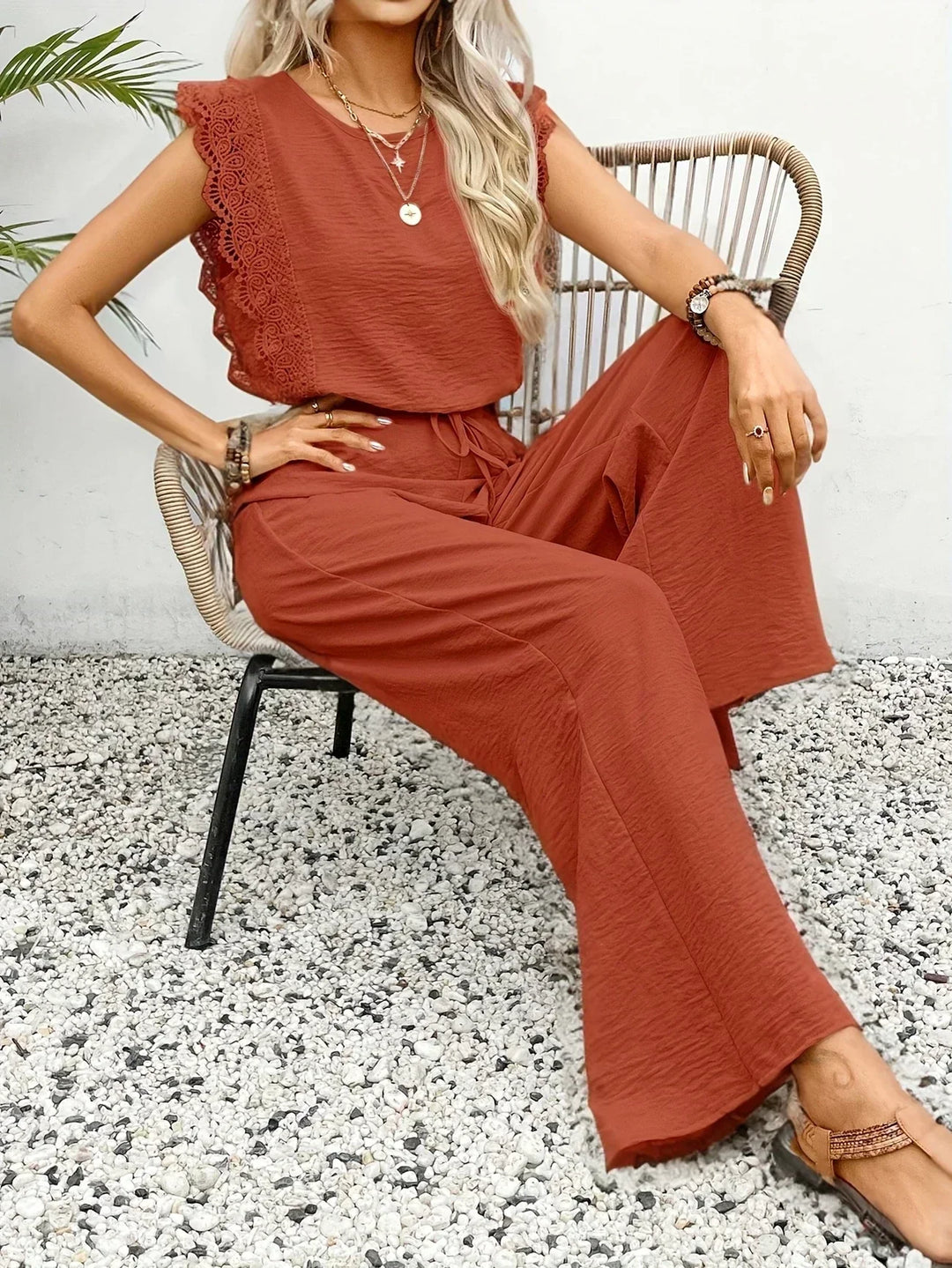 Zella™ Elegantes zweiteiliges Set | Spitzenbesetztes Top und Hose mit weitem Bein
