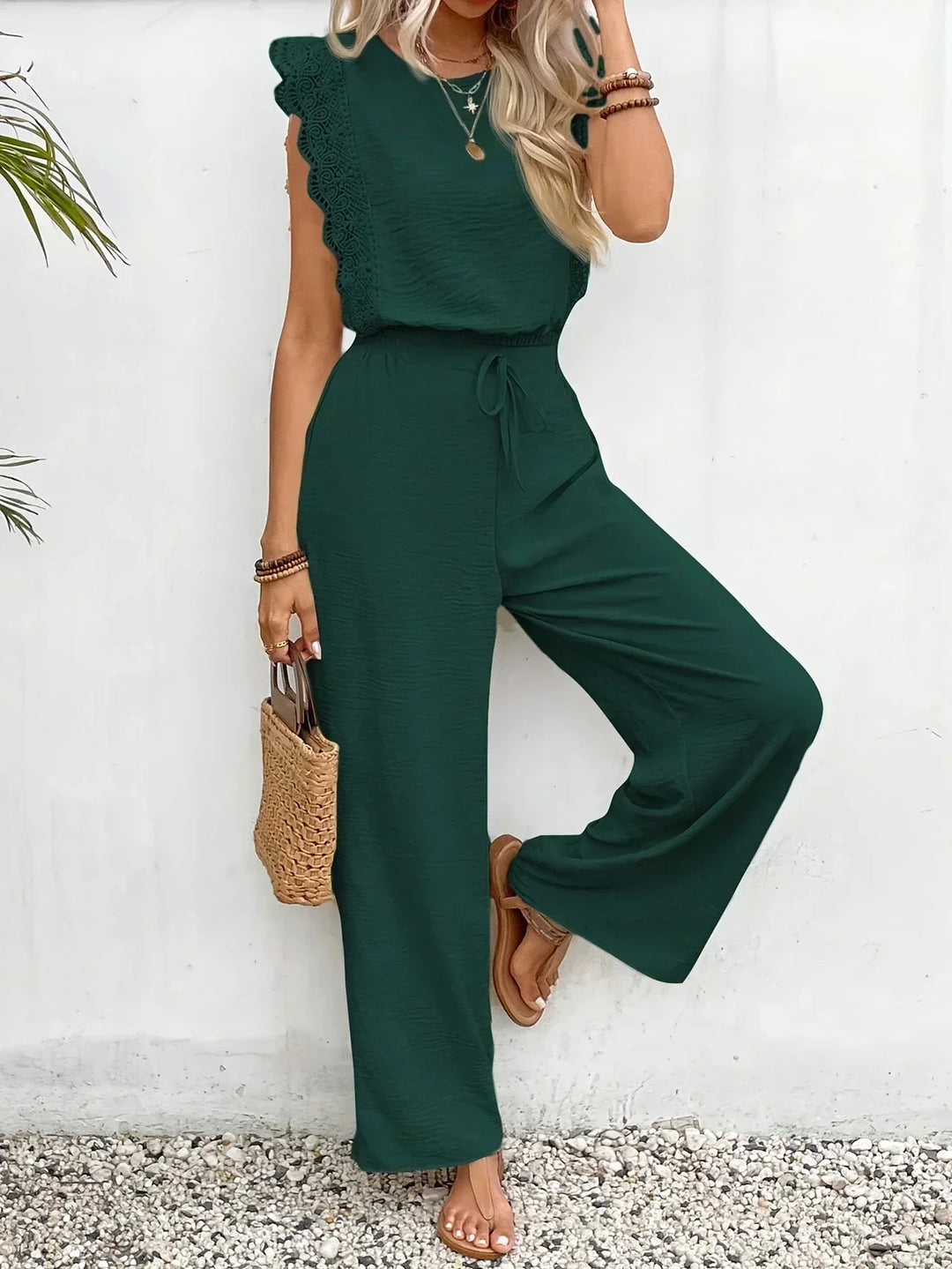Zella™ Elegantes zweiteiliges Set | Spitzenbesetztes Top und Hose mit weitem Bein