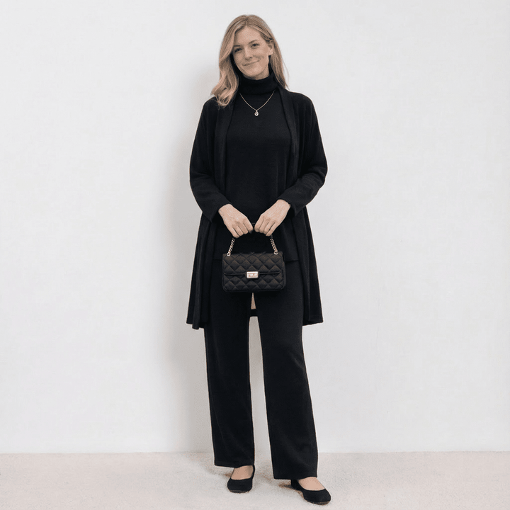 Barbara Cardigan Strick-Top & Hosen-Set | Raffiniertes dreiteiliges Strick-Co-Ord-Set