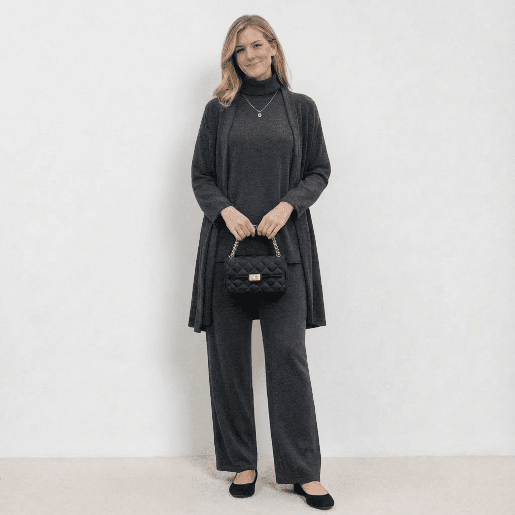 Barbara Cardigan Strick-Top & Hosen-Set | Raffiniertes dreiteiliges Strick-Co-Ord-Set