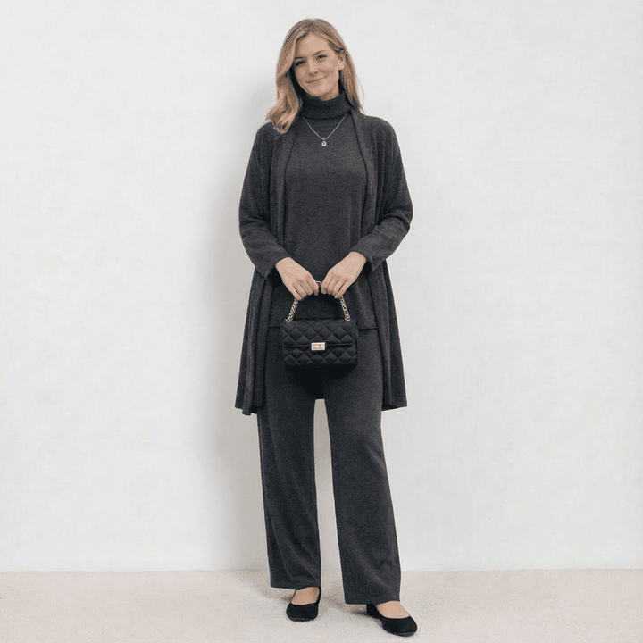Barbara Cardigan Strick-Top & Hosen-Set | Raffiniertes dreiteiliges Strick-Co-Ord-Set