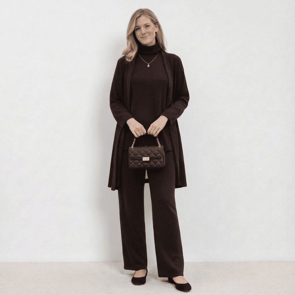 Barbara Cardigan Strick-Top & Hosen-Set | Raffiniertes dreiteiliges Strick-Co-Ord-Set