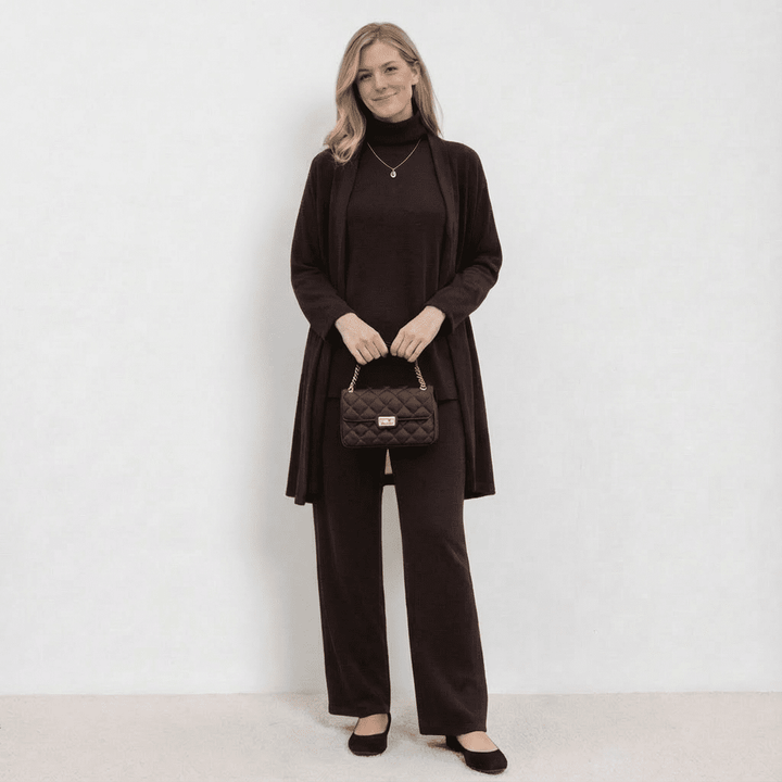 Barbara Cardigan Strick-Top & Hosen-Set | Raffiniertes dreiteiliges Strick-Co-Ord-Set
