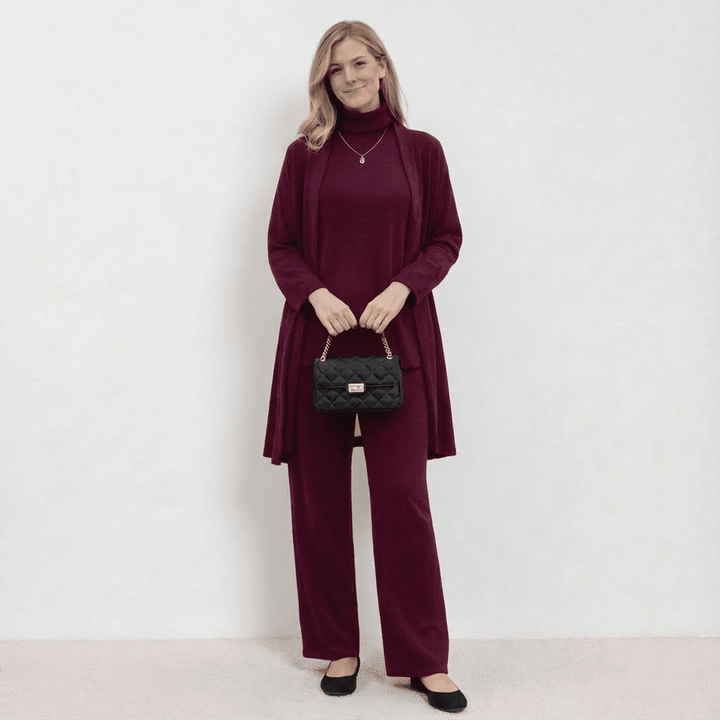 Barbara Cardigan Strick-Top & Hosen-Set | Raffiniertes dreiteiliges Strick-Co-Ord-Set