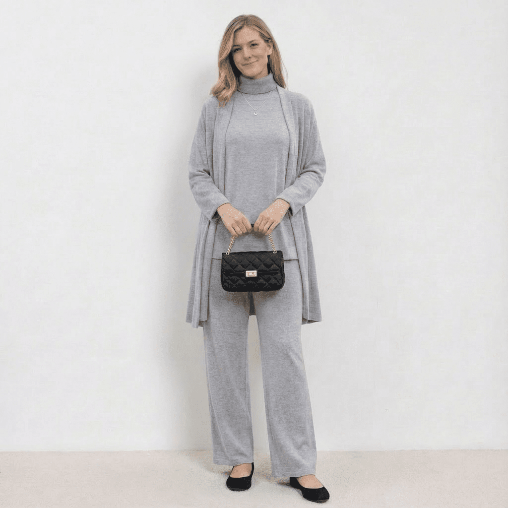 Barbara Cardigan Strick-Top & Hosen-Set | Raffiniertes dreiteiliges Strick-Co-Ord-Set