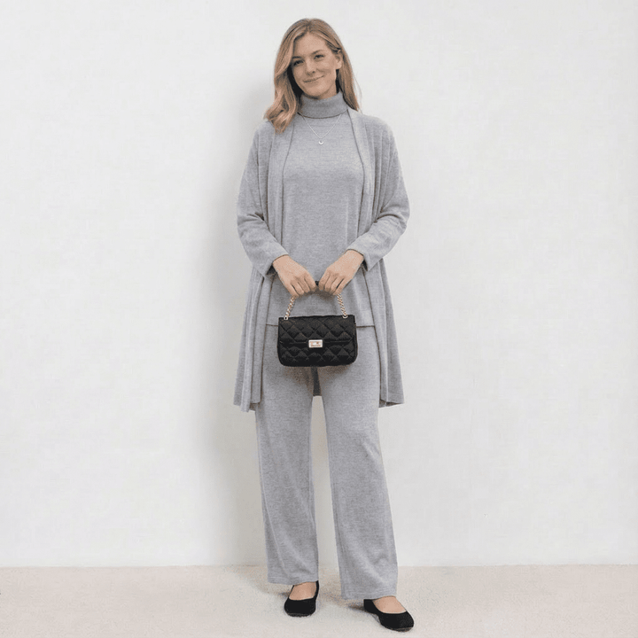 Barbara Cardigan Strick-Top & Hosen-Set | Raffiniertes dreiteiliges Strick-Co-Ord-Set